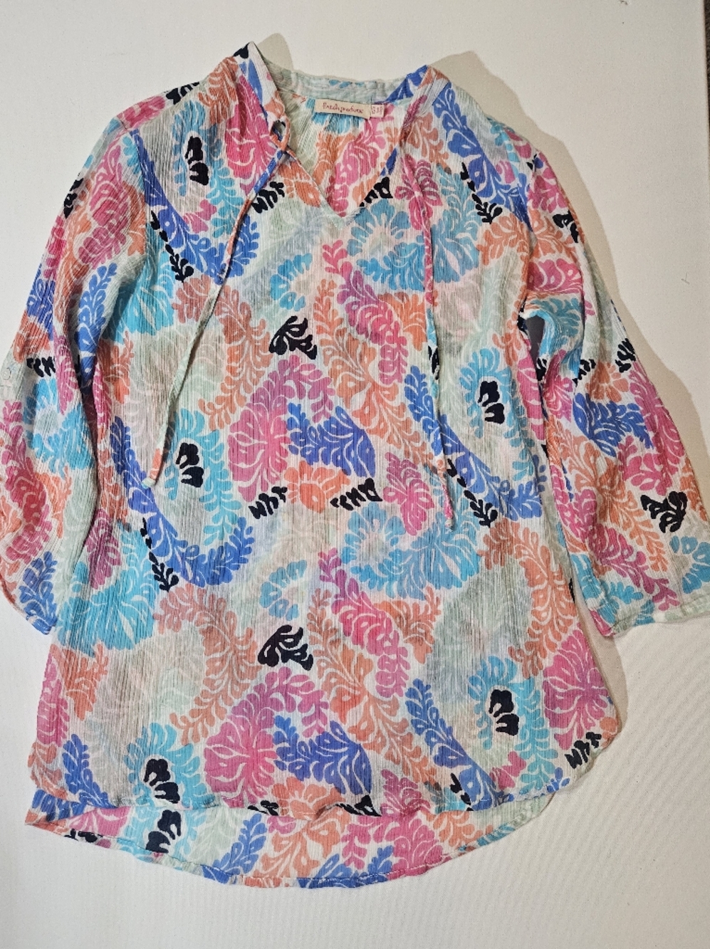 Fresh Produce Tunic Top Womens XS Blue Pink Floral 3/4 Sleeve Resortwear